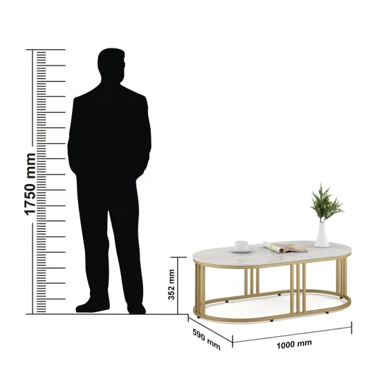 Center Table Derby Oval Shape With Ceramic Top And Metal Under Stucture In Gold