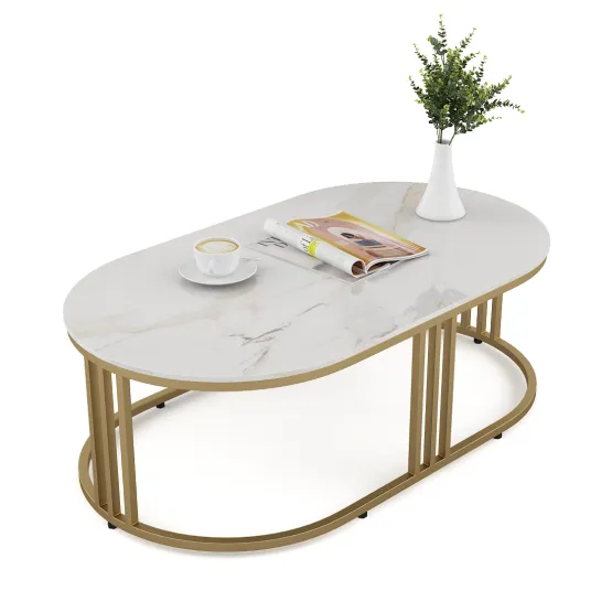 Center Table Derby Oval Shape With Ceramic Top And Metal Under Stucture In Gold