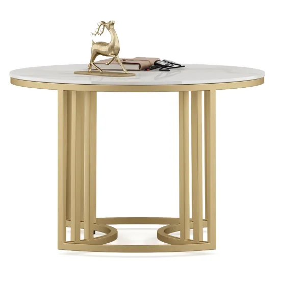 Center Table Derby Round Shape With Ceramic Top And Metal Under Stucture In Gold