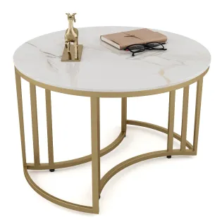 Center Table Derby Round Shape With Ceramic Top And Metal Under Stucture In Gold