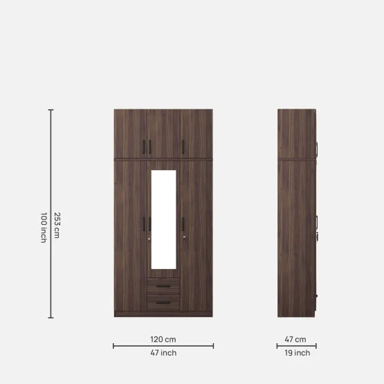 Hover 3 Door Wardrobe Mirror With Loft - Lyon Walnut & Natural Wenge