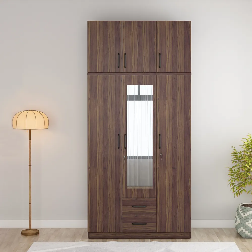 Hover 3 Door Wardrobe Mirror With Loft - Lyon Walnut & Natural Wenge