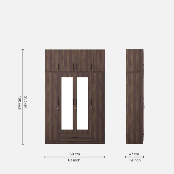 Hover 4 Door Wardrobe Mirror With Loft - Lyon Walnut & Natural Wenge