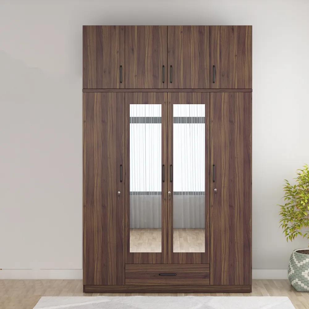 Hover 4 Door Wardrobe Mirror With Loft - Lyon Walnut & Natural Wenge