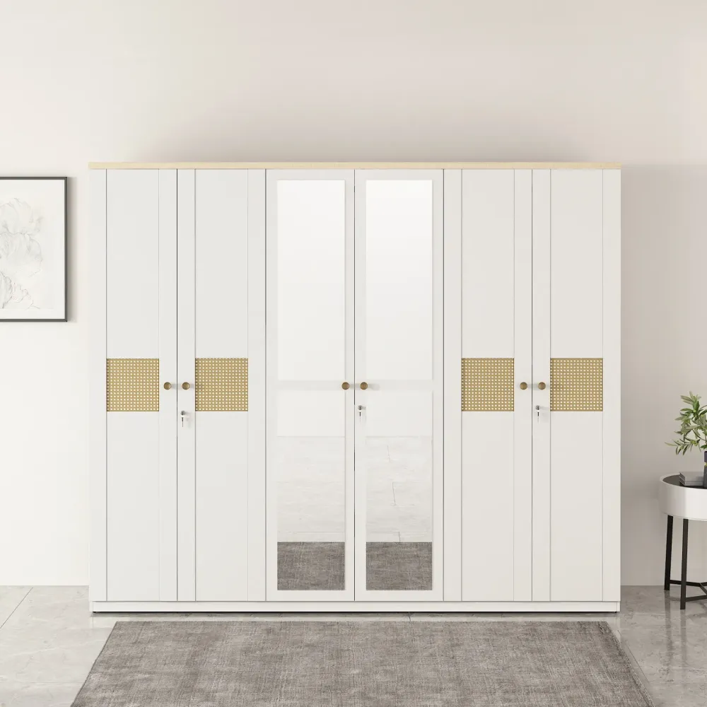 Lilly 6 Door Wardrobe With Mirror - Kingston White