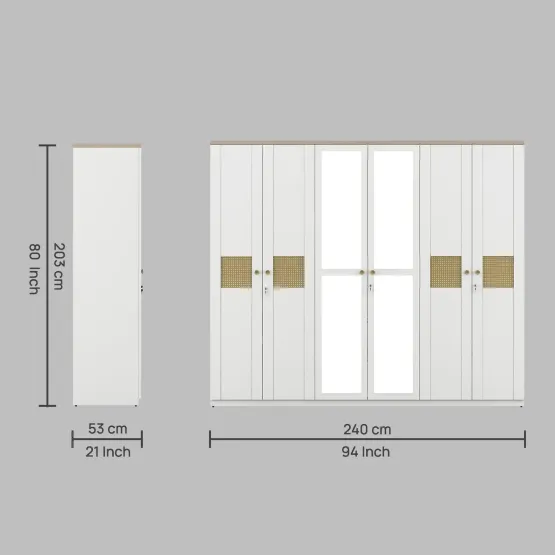 Lilly 6 Door Wardrobe With Mirror - Kingston White