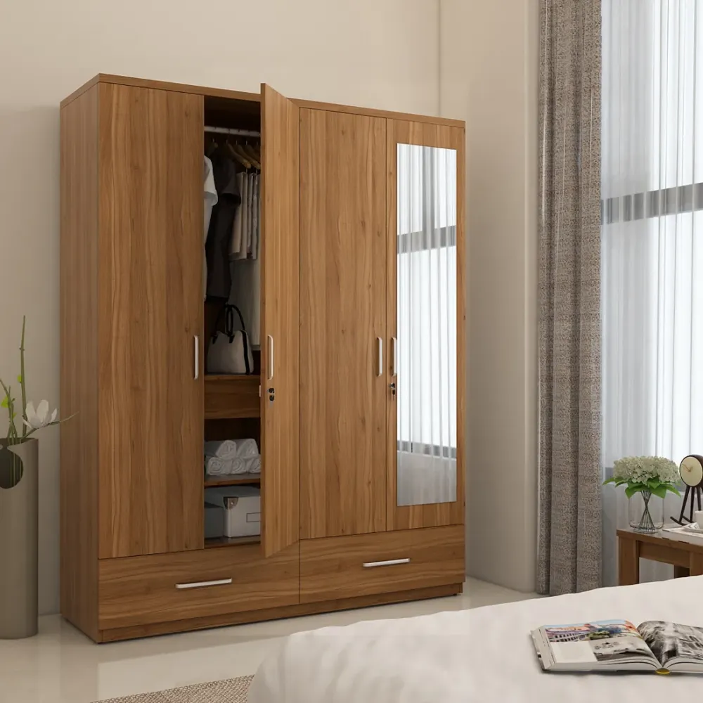 Linden 4 Door Wardrobe With Mirror Natural Teak