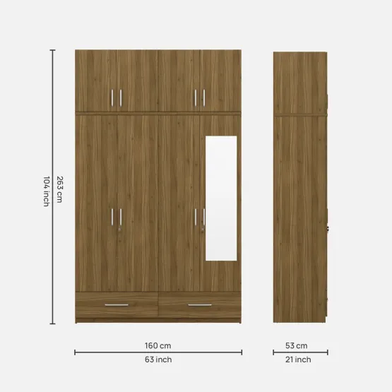 Linden 4 Door Wardrobe Mirror With Loft - Natural Teak