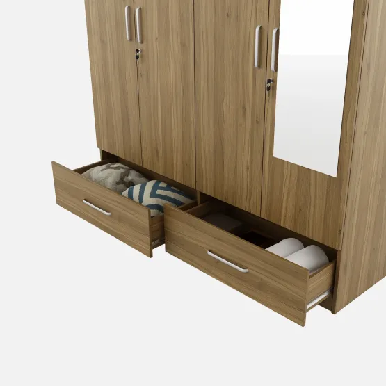 Linden 4 Door Wardrobe Mirror With Loft - Natural Teak