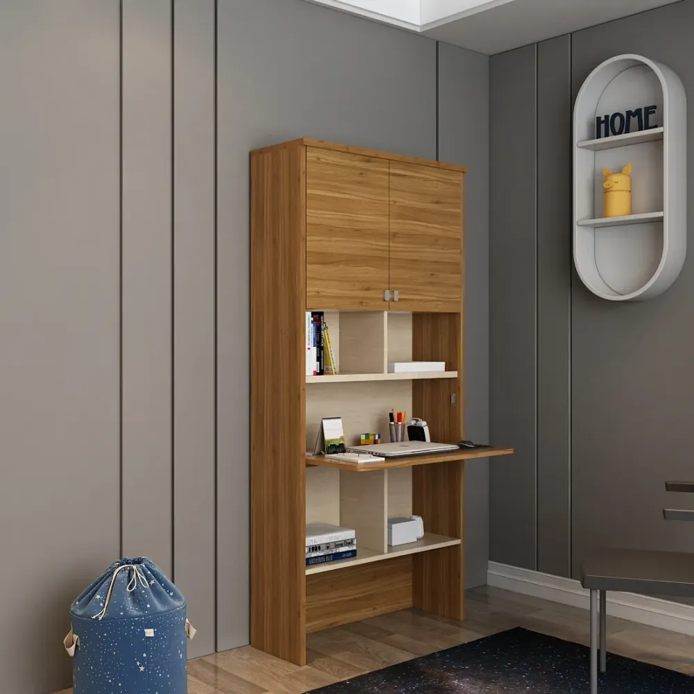 Oscar Study Table With Wall Storage - Natural Teak