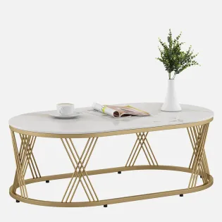 Center Table Roger Oval  With Ceramic Top And Metal Under Structure In Gold