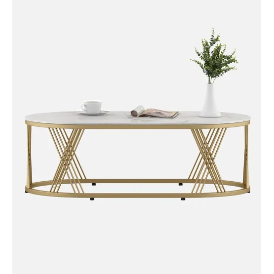 Center Table Roger Oval  With Ceramic Top And Metal Under Structure In Gold