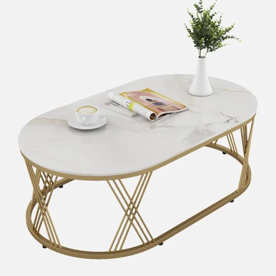 Center Table Roger Oval  With Ceramic Top And Metal Under Structure In Gold