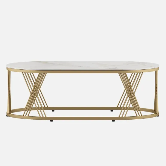 Center Table Roger Oval  With Ceramic Top And Metal Under Structure In Gold