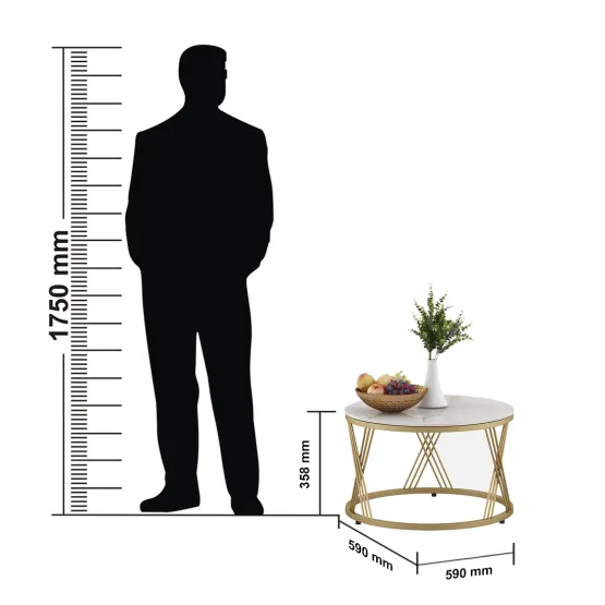 Center Table Roger Round Short With Ceramic Top And Metal Under Structure In Gold